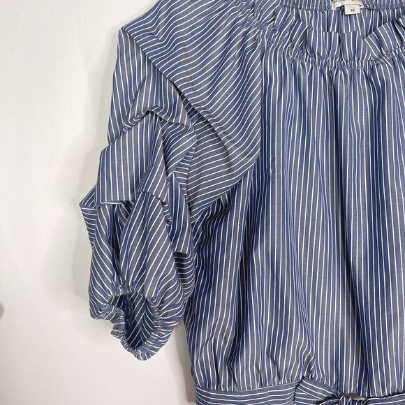 Habitual Girls 16 Blue White Striped Joyce Gathered Sleeve Tie Waist Top Blouse - Picture 3 of 9